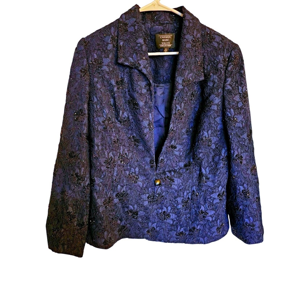 Carmen Marc Valvo Beaded Skirt Suit Size 26‎ Navy Floral Lace Blazer2 pc